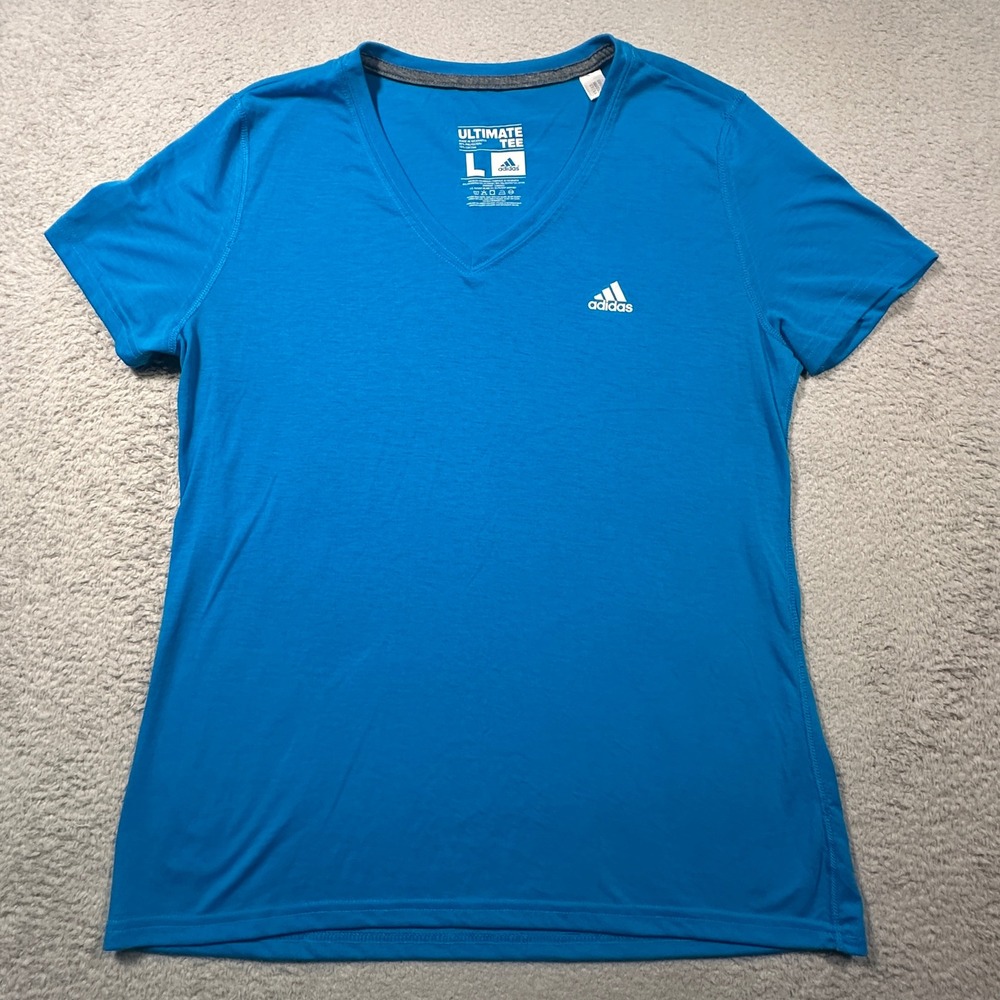 Adidas Ultimate Tee Women Large Blue V-Neck Climalite Short Sleeve Sporty Shirt